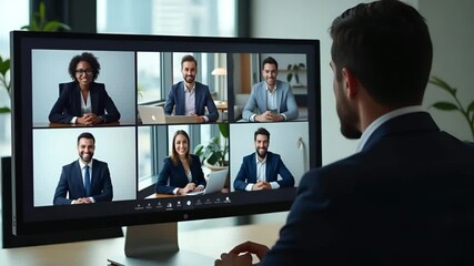 Corporate leader manager leads videoconference with diverse team businesspeople having digital group video call conference working in office during online virtual meeting on PC computer over shoulder - Powered by Adobe