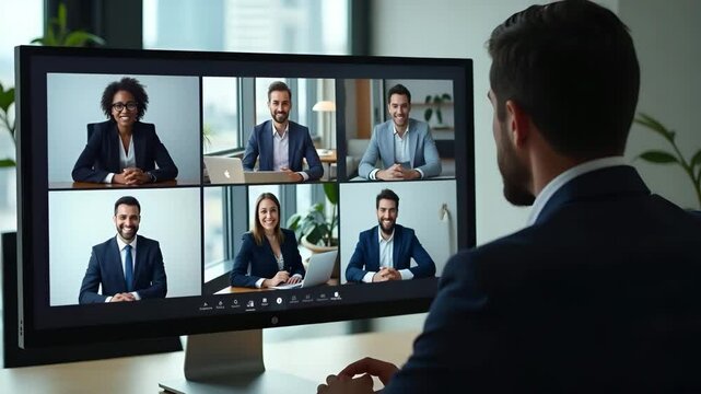 Corporate leader manager leads videoconference with diverse team businesspeople having digital group video call conference working in office during online virtual meeting on PC computer over shoulder 