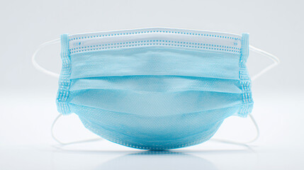 Disposable blue medical face mask isolated on neutral background with shadow. Healthcare concept
