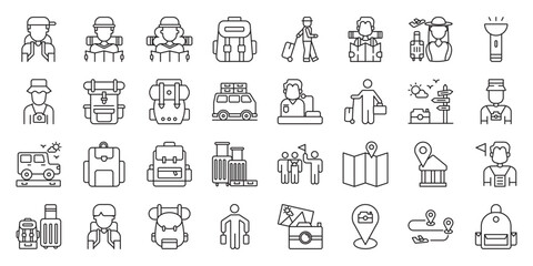 Backpacker’s Travel Hotspots set of web icons in line style. backpacking, travel hotspots, backpacker destinations and travel attractions. Vector illustration