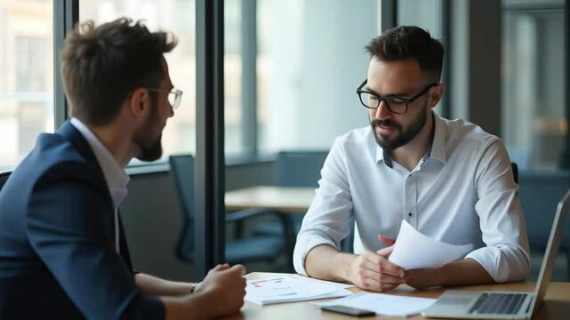 Flat vector illustration of a young professional male financial advisor consulting a client, with two diverse male employees discussing documents in a modern office setting.