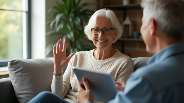 Flat Happy 60s mature older woman waves hand while holding digital tablet participating in video conference call with virtual family through online chat meeting sitting on couch at home social distanc