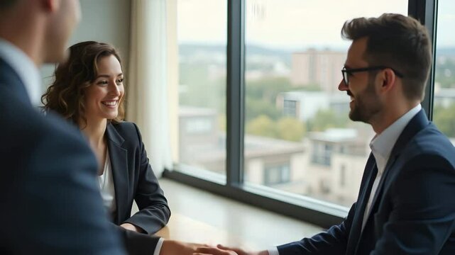 Flat Business handshake between happy female recruit insured client and male HR bank manager financial advisor in consulting meeting deal hiring job interview partnership corporate agreement vertical 