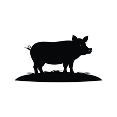 Monochrome illustration of a pig standing on a grassy patch, isolated, simple