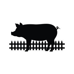 Silhouette of a pig standing behind a wooden fence in black