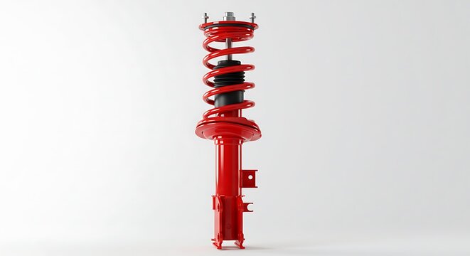A 3D render or studio photograph of a complete, new, red performance car suspension strut assembly, isolated on a clean white background. 