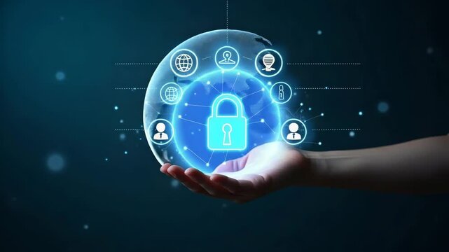 Hand holding holographic Zero Trust security model interface surrounded by security icons emphasizing cybersecurity principles and secure network access in empty space concept as Hand holds holographi