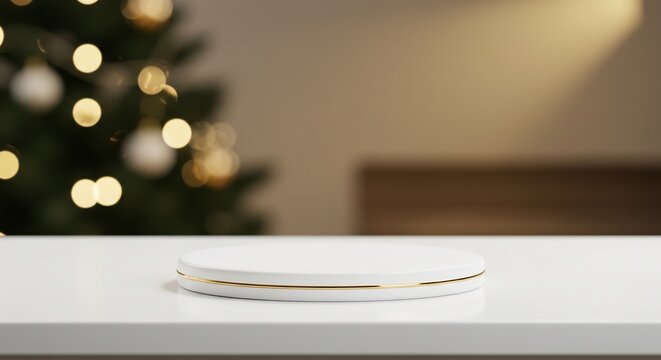 温かい光輝く 上品な円形台 クリスマスツリー背景. AI Generated
