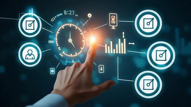 Flat Hand Interacting with Holographic Time Management Interface: A Cute Vector Illustration of Project Planning and Task Tracking Technology