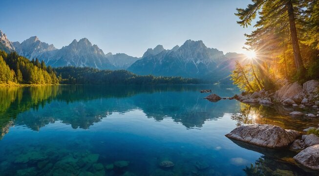 Colorful summer view of Fusine lake. Bright morning scene of Julian Alps with Mangart peak on background, Province of Udine, Italy, Europe. Traveling concept background.