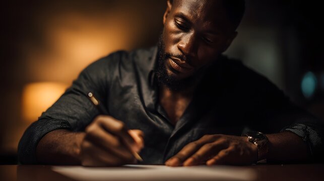 A man signing important documents at his desk in warm indoor lighting