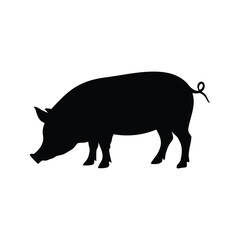 Black Silhouette of a Pig with a Curled Tail on White