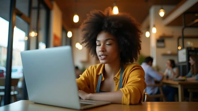 Flat Vector Illustration of Young African American Hipster Woman with Afro Hair Engaging in Virtual Video Call at Cafe - Cute Business Concept for Online Blogging and Headshot Portraits