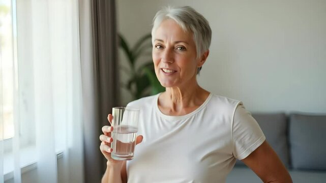 Flat illustration of a happy middle-aged woman enjoying pure mineral water at home, promoting daily hydration and wellness in a cute vector style.