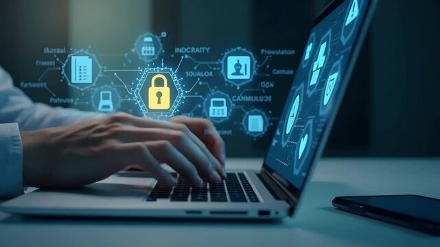 Hand Interacting with Laptop Displaying EDI Icons for Global Data Transfer and Digital Security in Business Context - Empty Space Concept