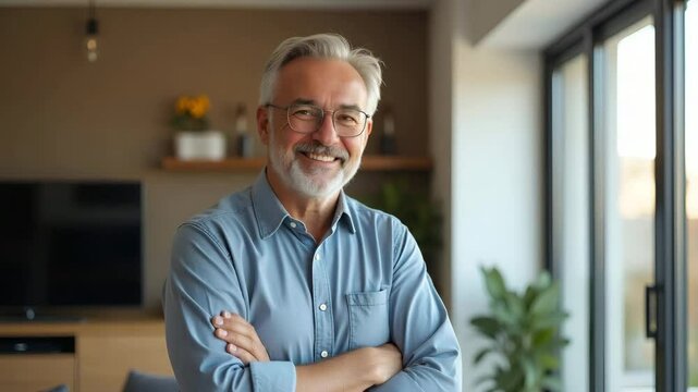 Middle-aged handsome man confidently posing at home with arms crossed, exuding happiness and maturity in modern living room - Cute vector illustration, full body, isolated