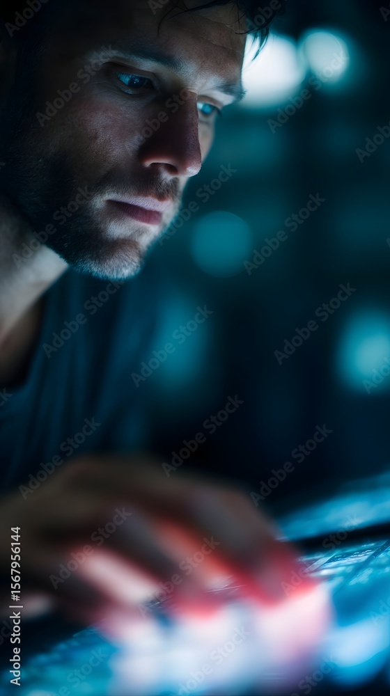 Poster a man operating a touch panel on a robotic station with high contrast lighting and sharp focus