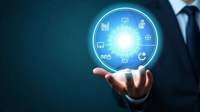 Hand reviewing holographic business audit device showing compliance target data analysis icons in empty space concept as Hand reviews holographic business audit device displaying compliance target dat
