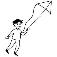Boy flying kite line art vector illustration 