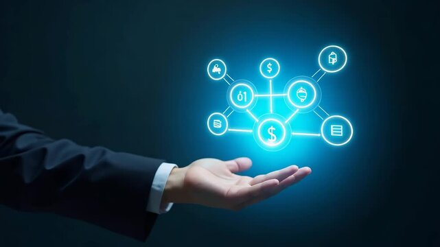Flat Hand Interacting with Holographic Cost Reduction Device: Icons of Quality, Speed, Efficiency for Business Performance Enhancement in Vector Illustration