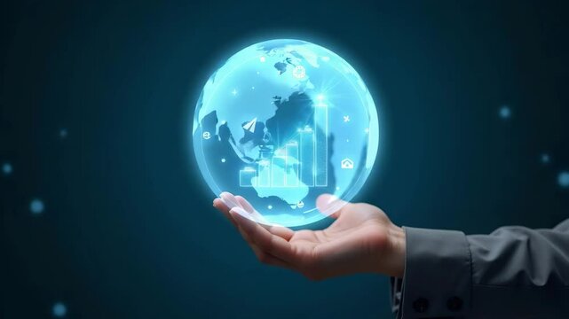Flat Hand interacting with holographic quality increase cost reduction device showing quality assurance cost optimization icons in empty space concept as Hand interacts with holographic quality increa