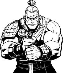 Lineart drawing, ancient warrior in full medieval armor, standing strong and battle-hardened, heroic male figure with muscular build, fierce expressionepic fantasy, tattoo art,lineart,manga,anime
