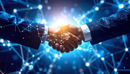 Digital Alliance: A symbolic representation of partnership and collaboration, two hands shake within a futuristic, interconnected digital network, illuminated with a warm glow.