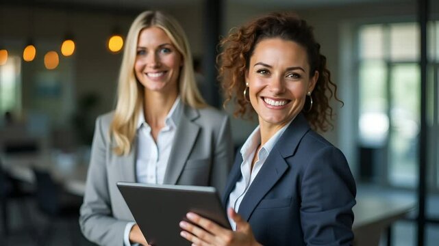 Empowered Gray-Haired Businesswoman: Confident Leadership in a Digital Age - Vector Illustration of a Stylish Entrepreneur with Tablet