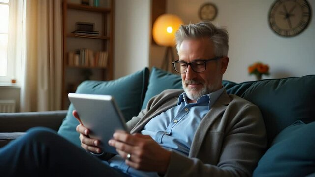 Flat Happy Middle Aged Man Relaxing on Couch with Digital Tablet - Mature Male Engaging with Technology in Comfortable Living Room Setting - Vector Illustration