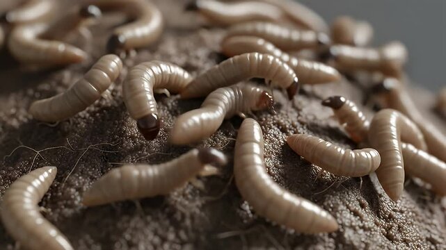 Extreme closeup maggots crawling on textured surface