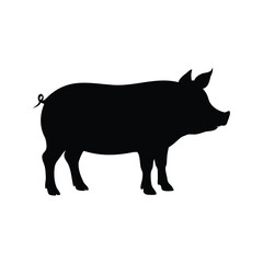 Black silhouette of a pig standing on a white background in profile