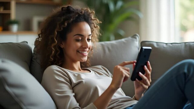 Flat Young Woman Relaxed on Couch Using Smartphone for Online Shopping and E-Learning - Cute Vector Illustration in Business Style