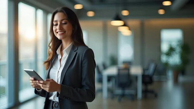 Empowered Young Hispanic Businesswoman: Dreaming of a Successful Career While Using a Tablet in the Office - Cute Flat Vector Illustration of a Professional Female Executive