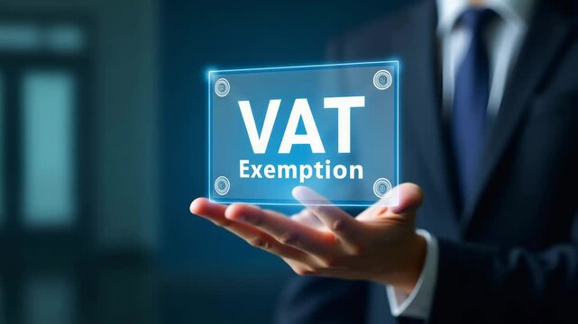 A hand using a holographic device to showcase VAT exemption rules, highlighting eligible exemptions, with an empty space background for stock photo concept - ar 7:2
