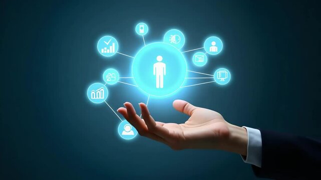 Flat Hand Interacting with Holographic Onboarding Device Displaying Recruitment and Training Icons in Empty Space - Simple Vector Illustration, Isolated on White Background