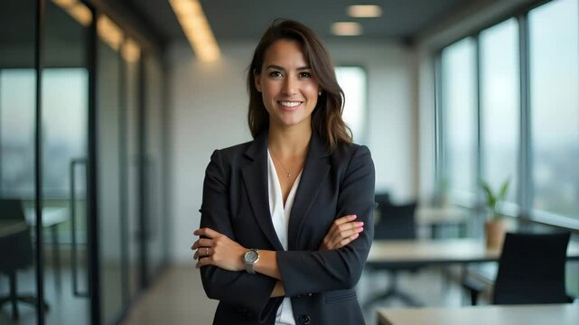 Flat Ambitious Hispanic businesswoman at modern office arms crossed embodying career growth forward thinking leadership strong voice. concept as Proud executive glances away setting goals with confide