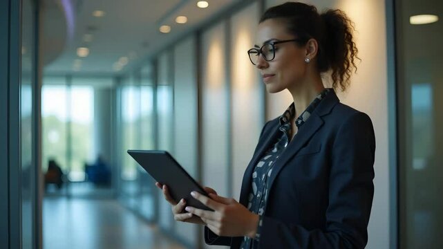 Flat vector illustration of a mature businesswoman bank manager with tablet, showcasing leadership and innovation in finance, emphasizing digital adoption and operational effectiveness.