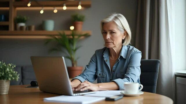 Flat vector illustration of a serious mature woman in her 60s, engaged in a training webinar on her laptop, taking notes while working from home or office.
