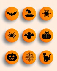 Naklejka premium Vector set of orange round icons with black Halloween symbols 