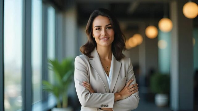 Proud Hispanic Businesswoman in Modern Office: Confident Leadership and Career Growth in Flat Vector Illustration