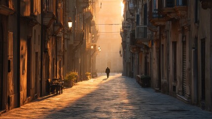 Fototapeta premium Person walking on sunlit street old city architecture travel photography