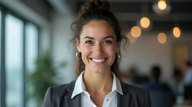 Confident Hispanic Businesswoman Headshot: Smiling Female Entrepreneur in Office - Vector Illustration for Corporate Themes