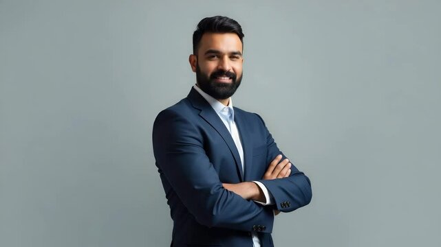 Proud confident bearded indian business man investor rich ethnic ceo corporate executive professional lawyer banker male office employee standing isolated on gray with arms crossed portrait concept as