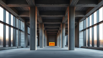 Modern concrete hall with striking columns and glowing windows, illuminated by natural ambient light.