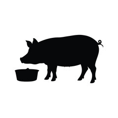 Black silhouette of a pig with a curly tail near a trough
