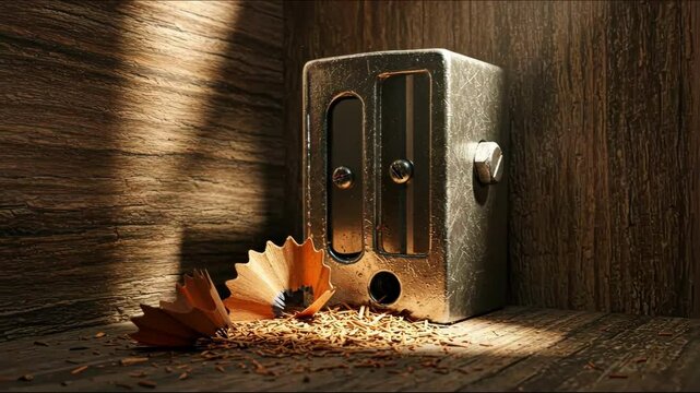 Metal sharpener with shavings on wooden background and light rays