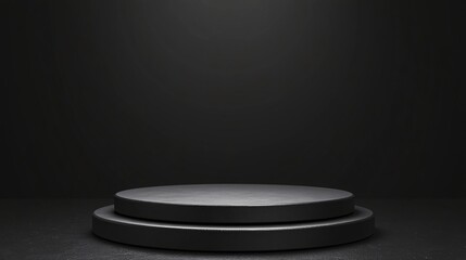 Minimal black round pedestal stand on dark background for product display and branding presentation in 3D rendering style