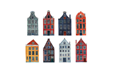 Eight Watercolor Canal Houses Amsterdam Architecture Isolated Buildings
