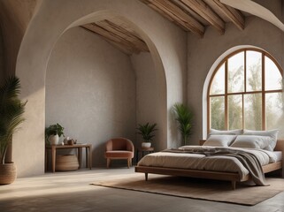 Boho interior design of modern bedroom. Arched stucco ceiling and grid window in farmhouse room
