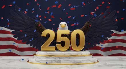 Golden 250 with Eagle Wings and American Flag Backdrop for Celebration